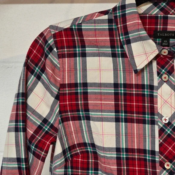 Talbots Women XS Plaid Button Up Shirt Long Sleeve Red Green Cream Gold Holiday - Picture 2 of 9